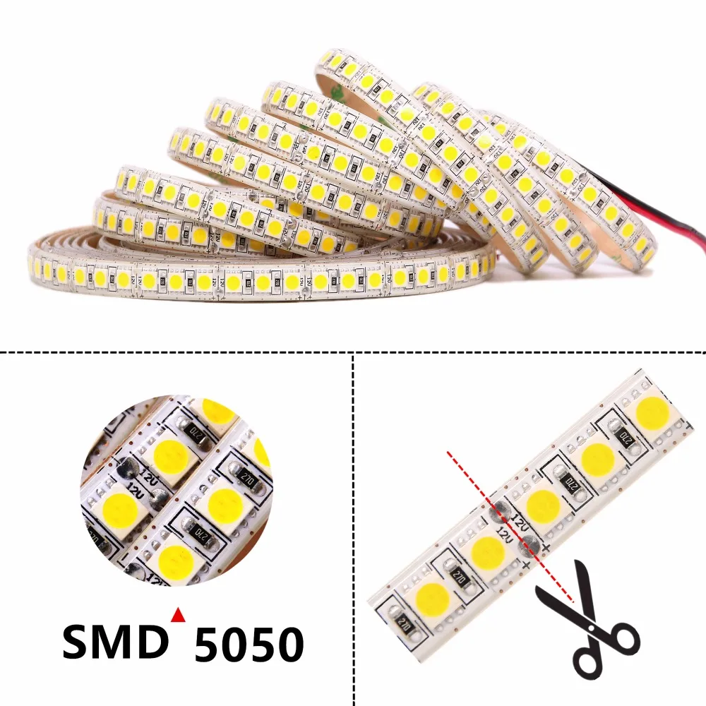SMD 5050 RGB Светодиодная лента Водонепроницаемая DC 12V гибкая 120LED/M для домашнего