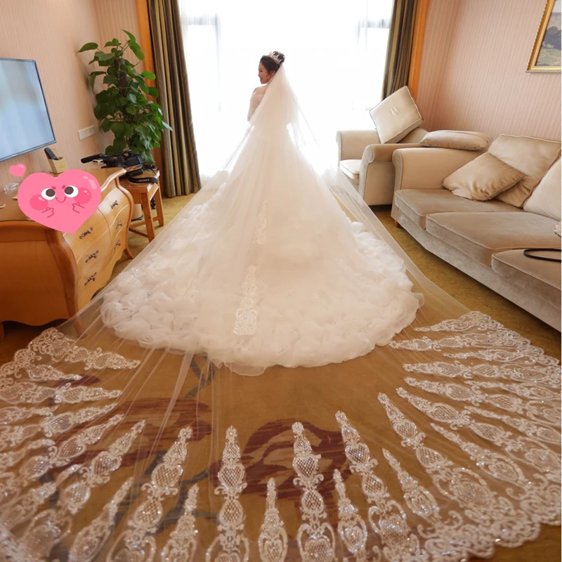 2019 Luxury Real Image Wedding Veils 3.8-5 Meter Long Lace Applique Crystals Cathedral Length White Bridal Veil High Quality