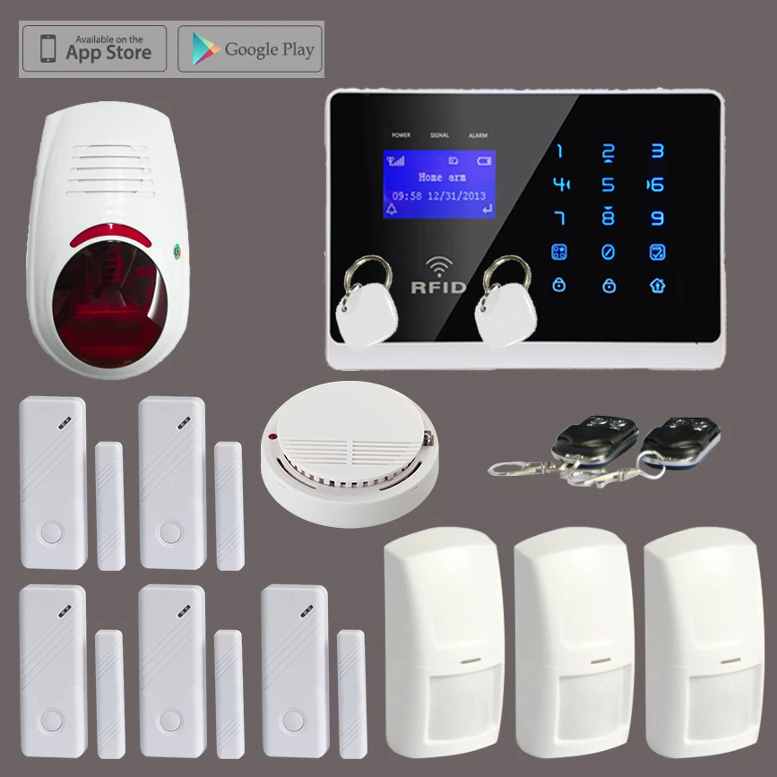 

2015 Hot Sell TFT Android IOS APP Touch keypad GSM RFID Alarm System Security Home with Wireless Outdoor Flash Siren