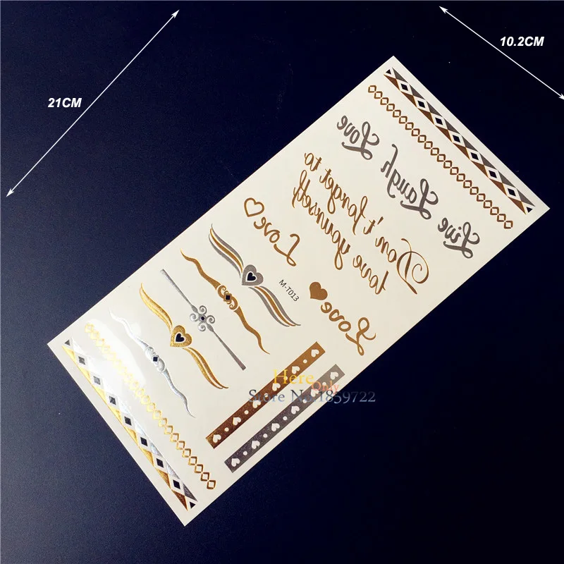 

1PC Gold Silver Metallic Tattoo Women Makeup Fake Jewel HGMT13 Love Heart English Word Flash Waterproof Temporary Tattoo Sticker