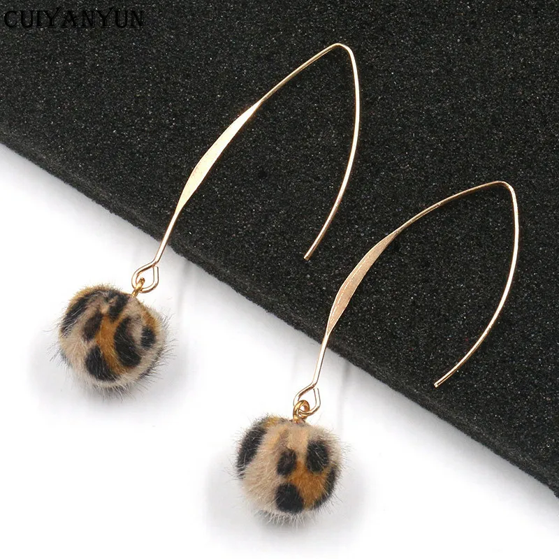 

women's leopard hairball earrings Korean fashion dangle earring jewelry trendy gold metal drop earrings hook wedding