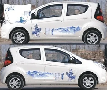 

LEFT SIDE Car Stickers DIY Chinese Wind Stick Blue and White Porcelain Car Hood Garland Cartoon Decoration Cover Vinyl Door