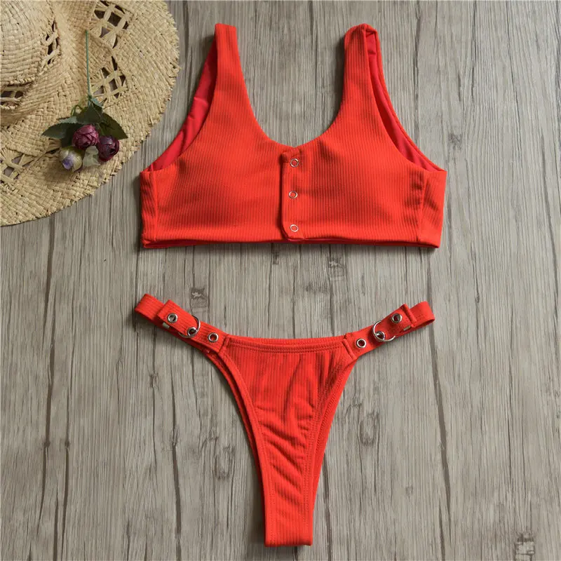 INGAGA Sexy Thong Bikini Solid Swimwear Women Metal Button Swimsuit Padded Bathing Suits New 2019 Summer Beach Bikini Mujer