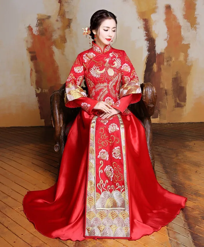 Китайское традиционное свадебное платье Qipao красное платье Чонсам с длинным рукавом вышивка невесты китайский стиль платье и
