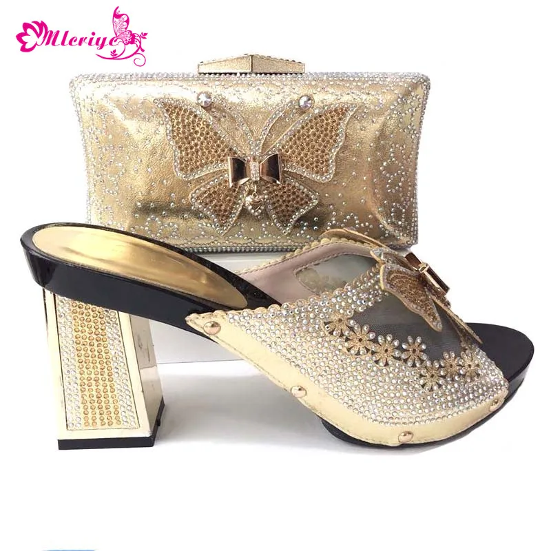 

Latest Design Matching Shoes and Bag Set Decorated with Rhinestone golden Party Shoes Women 2018 African Shoe and Bags