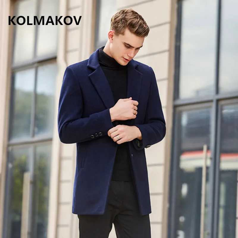 

2019 New style Men's Woolen Coats Winter Classic Casual Overcoat Mens high quality Thick Blue, grey and black trench coat men