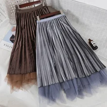 Новинка года, женская супер Феи кружевная юбка из бархата, осенняя Высококачественная элегантная Тюлевая длинная Плиссированная юбка falda mujer Saias