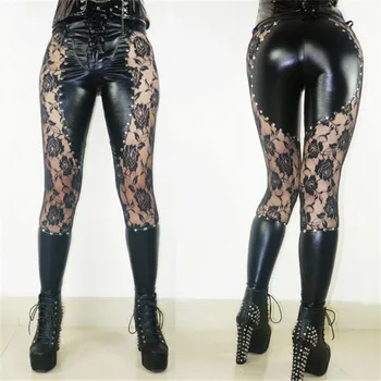 

pants women 2018 new fashion PU Mosaic Lace transparent rivet Tie fitness gothic legging leggings leggins pantalones mujer