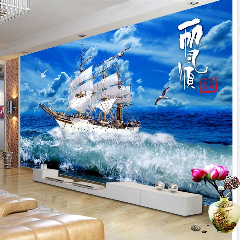海の波の壁紙 帆船 自然の風景 大きな壁画 家の装飾 リビングルーム Papel De Parede 3d Papel De Paredede Parede Aliexpress