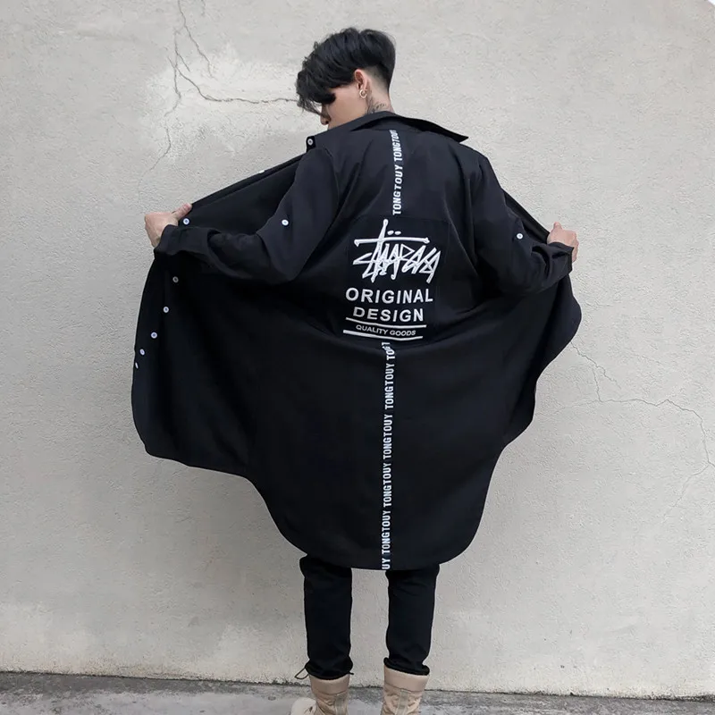 

Extra Long hip hop shirt for men Black color Letters print Loose Long sleeve