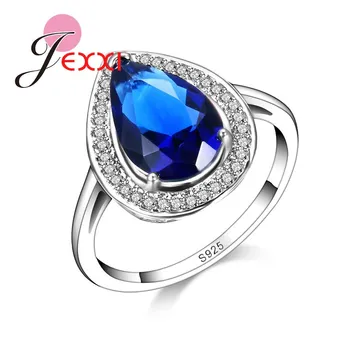 

Elegant Water Drop Shape Big Blue Shiny Cubic Zircons Design 925 Sterling Silver Rings For Women Wedding Party Bijoux
