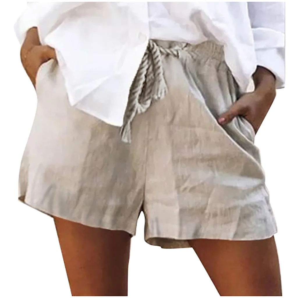 Льняные шорты женские повседневные плотные шорты плюс размер на шнуровке с эластичной талией байкерские Короткие повседневные летние женские шорты py20 - Цвет: Gray