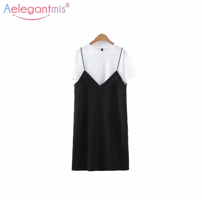 

Aelegantmis Black White Patchwork False Two Pieces Women Spring Dress Elegant Short Sleeve Lace Mini Dress Ladies Summer Dresses