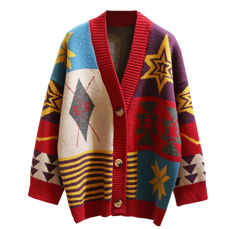 

Colorful Star Geometry Print Knitted Cardigan Women Casual Single Breasted Jumper 2019 Autumn Winter Oversize Sweater Tops Femme