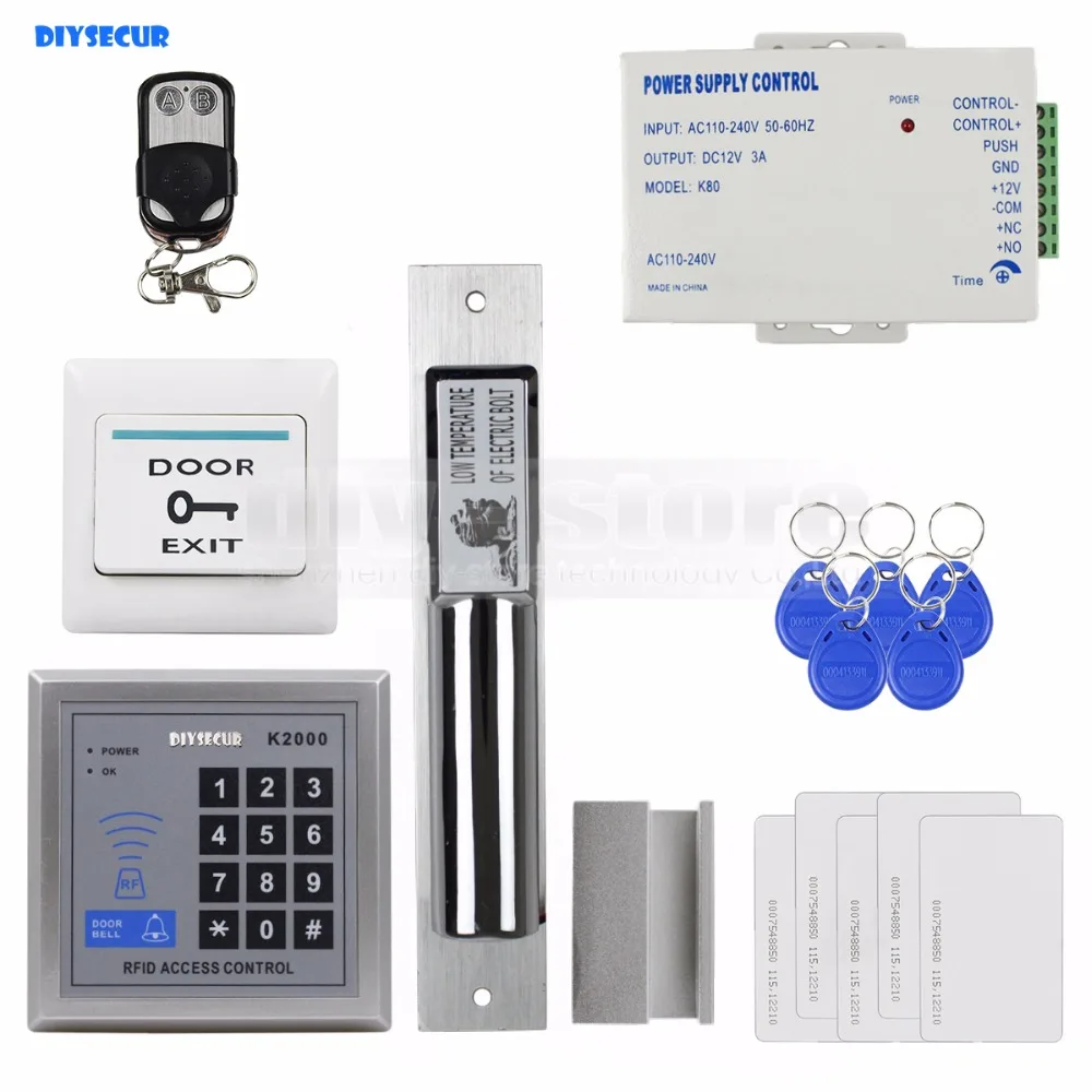 

DIYSECUR 125KHz RFID Access Control DIY Full Kit Set With Electric Drop Bolt Lock +5 ID Cards 5 Keyfobs