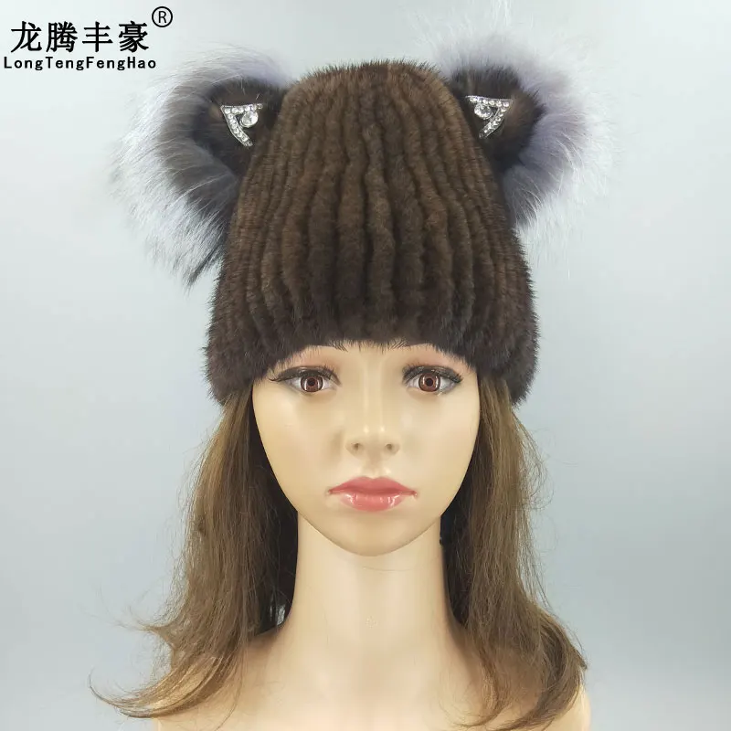 

100% Genuine Fur Cap Women Knitted Hat With Fur Cat Ears Cap For Girl Mink Fur Knitting Wool Beanies Female Hat Women Cap Winter