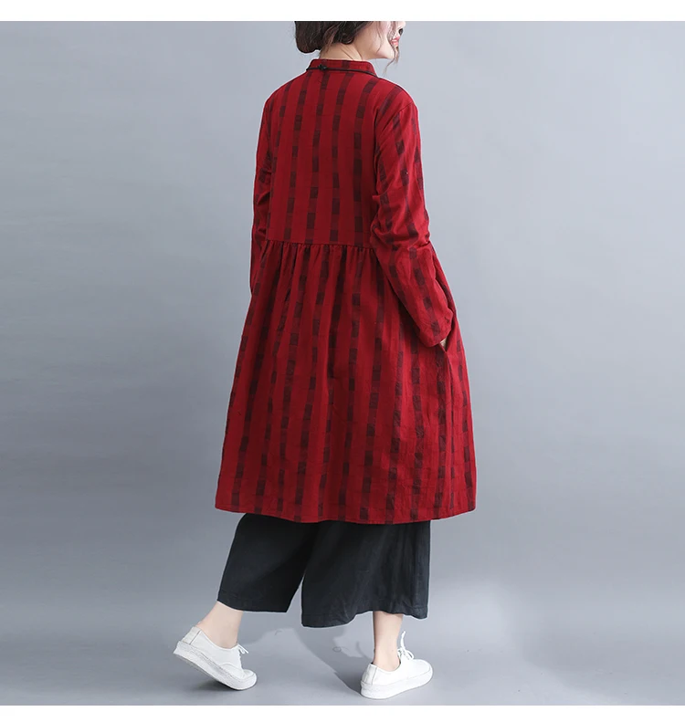 Dresses Women Dress Plus Size Long Sleeve Spring Summer Knee Length Casual Plaid Blouse Shirt Cotton Linen Dress Women 2019 3