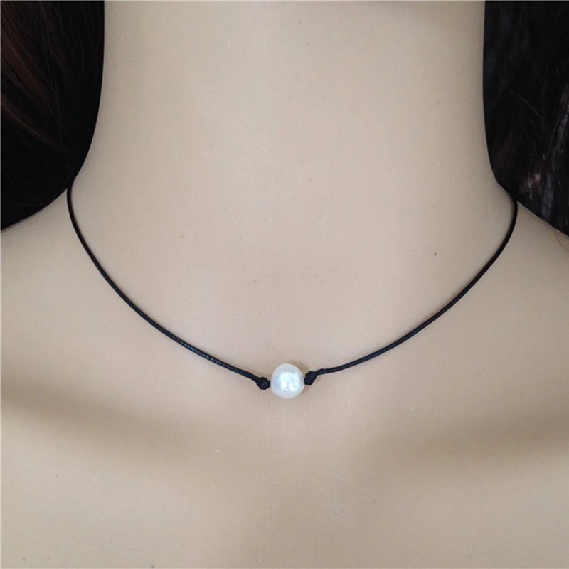 

Black Leather with Pearl Choker Floating Cultured Freshwater Pearl Necklace Single Pearl Leather Collar Necklace Bridal Jewelry