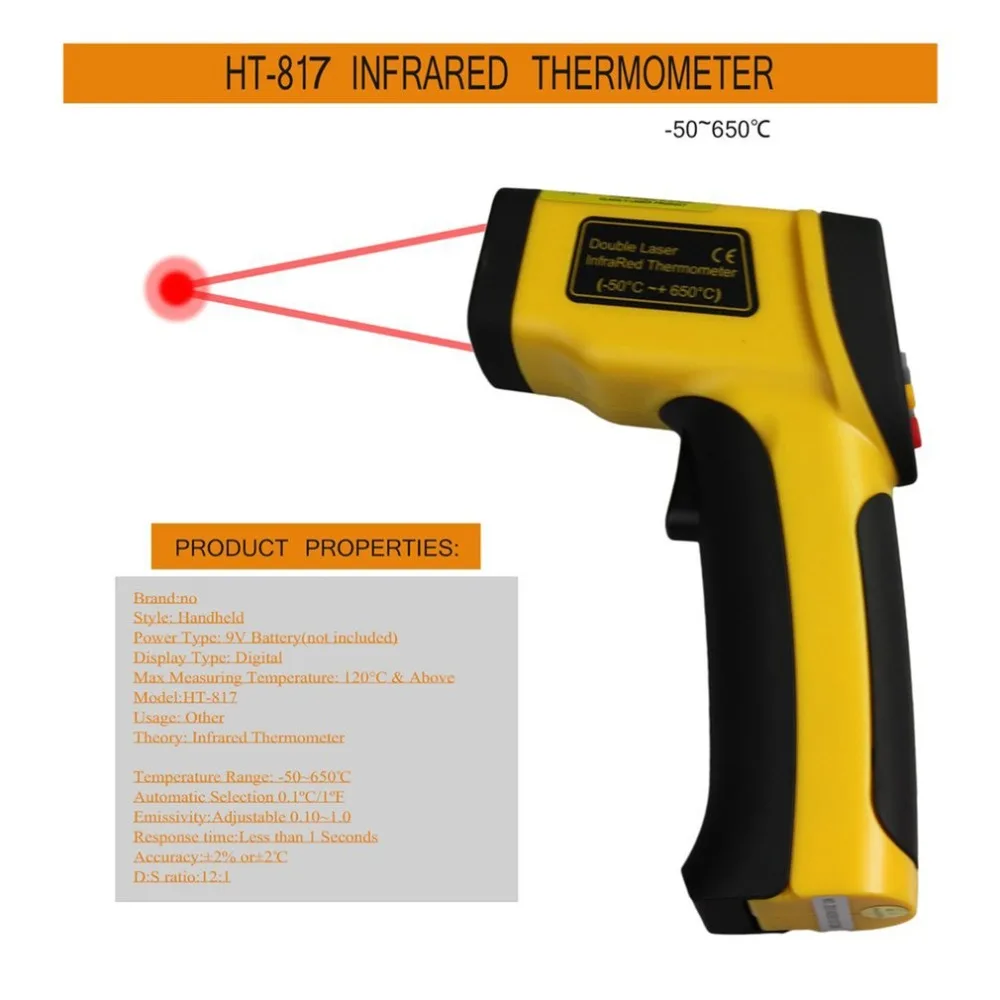 

Dual Laser LCD Display IR Infrared Thermometer -50 To 650 Degree Celsius Auto Temperature Meter Sensor HT-817 Handheld