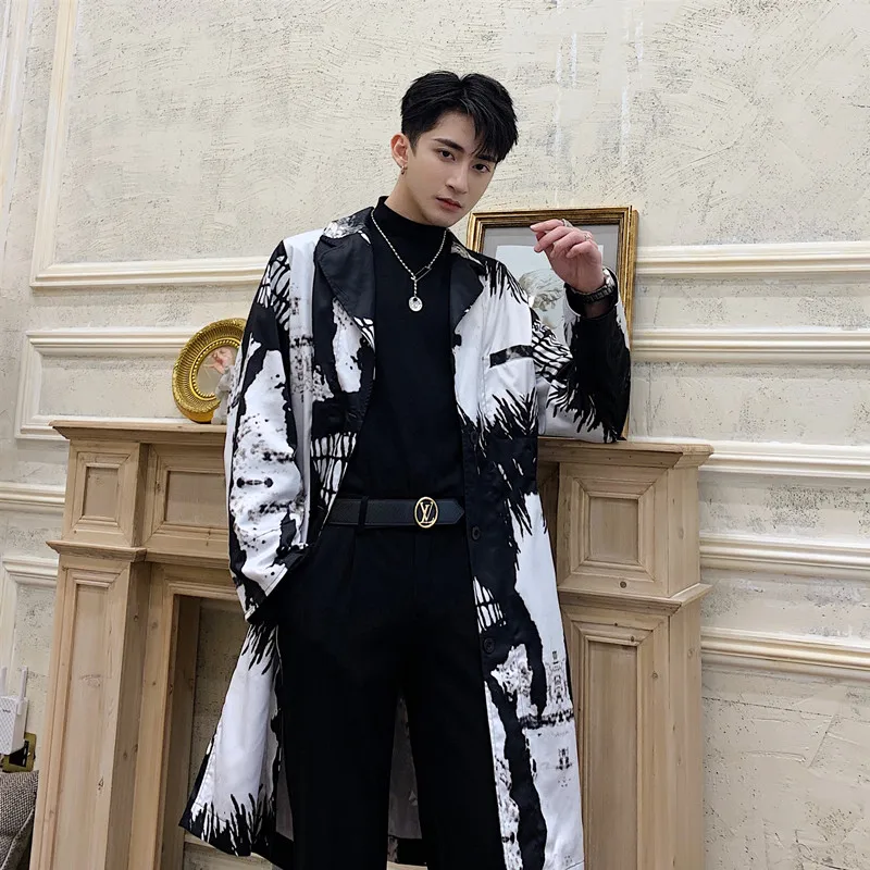 Male Streetwear Hip Hop Slim Casual Vintage Windbreaker Jacket Outerwear Men Print Long Trench Coat Cardigan