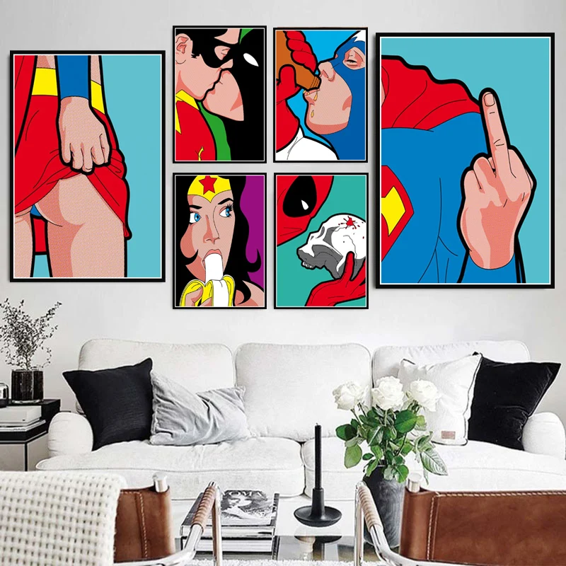 

Posters and Prints Marvel DC Superhero Funny Pop Art Superman Batman Spider-Man Poster Wall Art Canvas Painting Room Home Decor