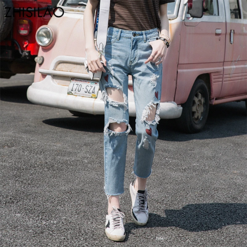 

ZHISILAO Ripped Woman Jeans Woman Denim Pants Stright Pants Hole Street Woman Trousers Kpop Casual Pants Sexy Denim Jeans Cool