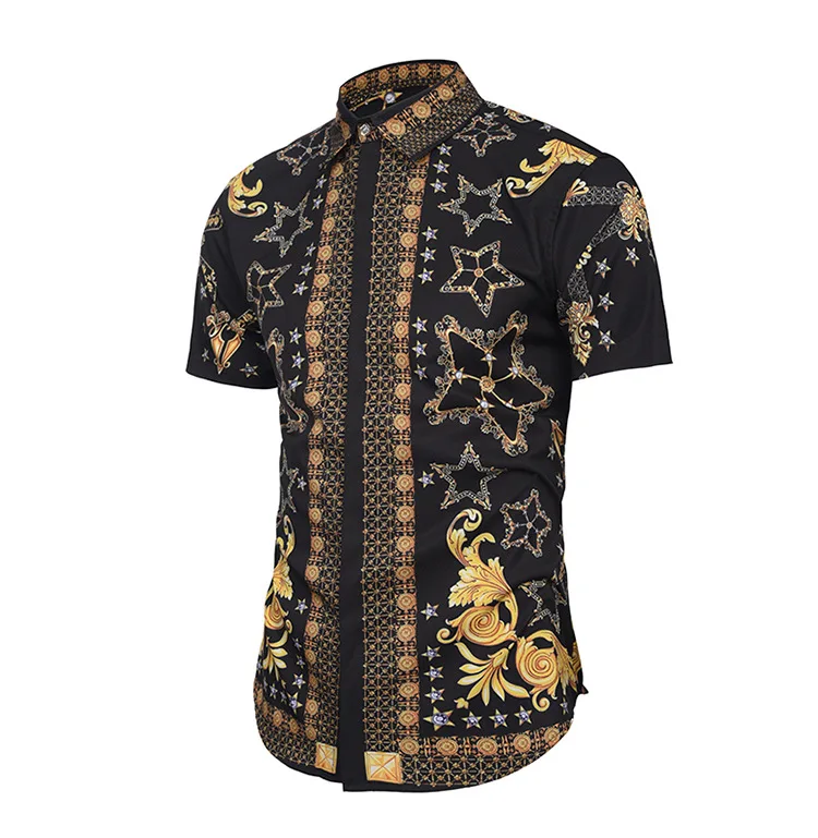 

Printed Shirt Men Chemise Hip Hop Casual Shirt Tops Short Sleeve Turn-Down Collar Summer Fashion Homme Mens Blouse Plus Size
