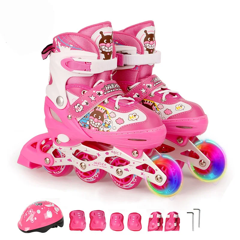 

One Set Adult Children Lovely Inline Skate Roller Skating Shoes Helmet Knee Protector Gear Adjustable Washable PU Wheels Patines