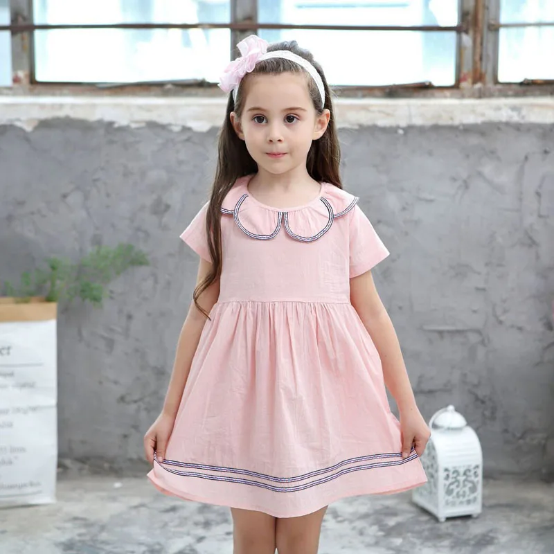 

MERI AMMI Children Girl Clothing Dress Floral Stripes Short Sleeves Navy Style Cotton Dress For 2-7 Year Baby Girl