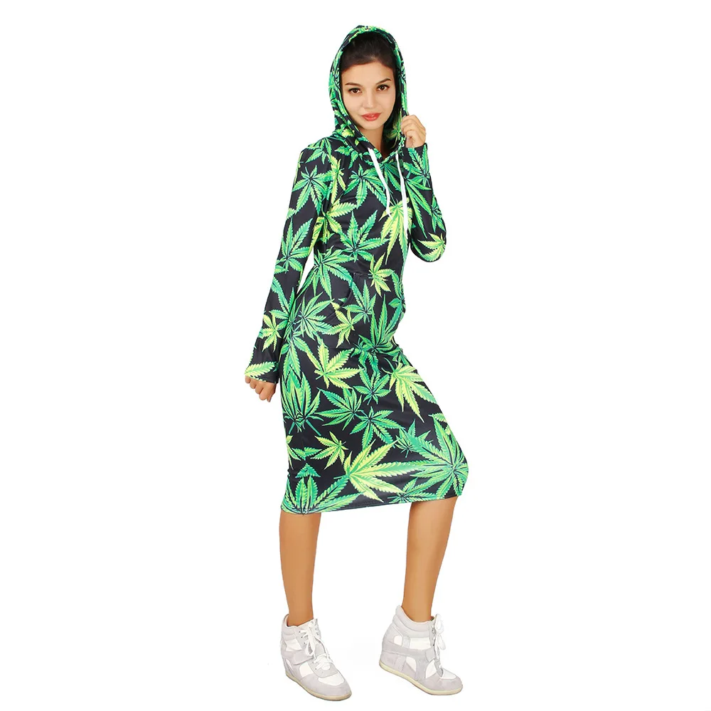 

2018 3D Green Weed Print Hoddie Women Dress Long- Sleeve Hooded Dresses Pullovers Hoodies Long Dress With Hat