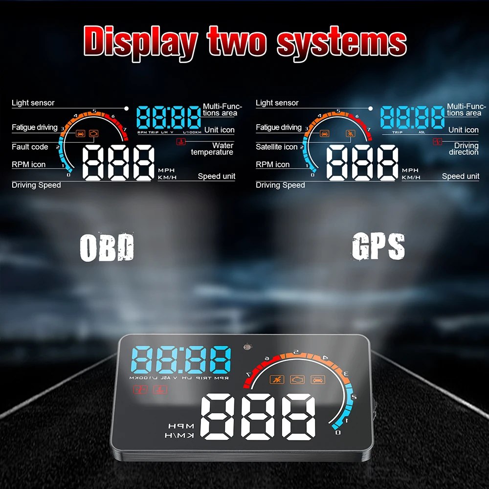 D2500 OBD2+ gps дисплей на голову двойная система универсальная для всех автомобилей Спидометр дисплей прикуриватель зарядка