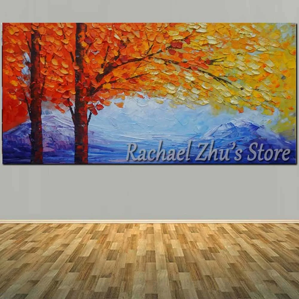 

Large Size Hand Painted Abstract Autumn Forest Tree Palette Knife Oil Painting On Canvas Wall Picture Living Room Home Decor Art