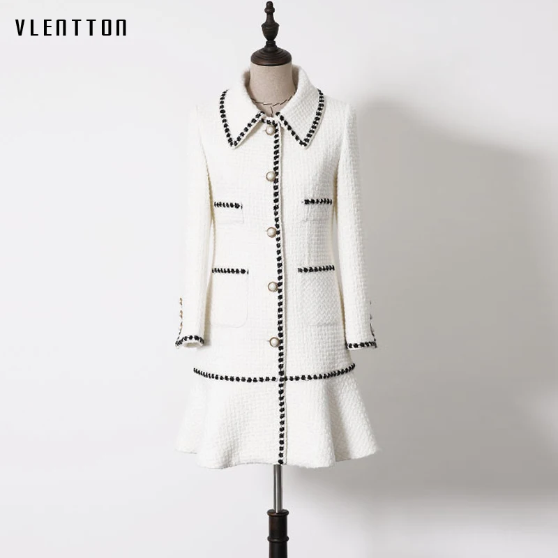 price cut  Autumn White Wool Tweed Women's Jackets Coats Single Breasted Ruffles Long Sleeve Slim Office Femal