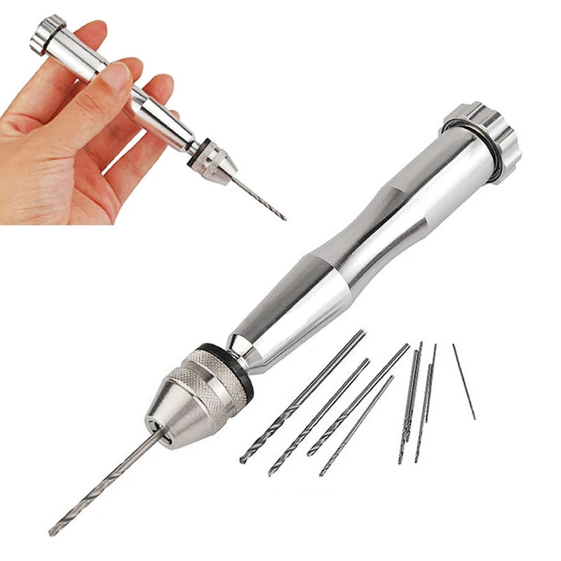 1set Aluminum Mini Micro Hand Drill with Keyless Chuck +10pcs Twist Drills 0.6-2.0mm