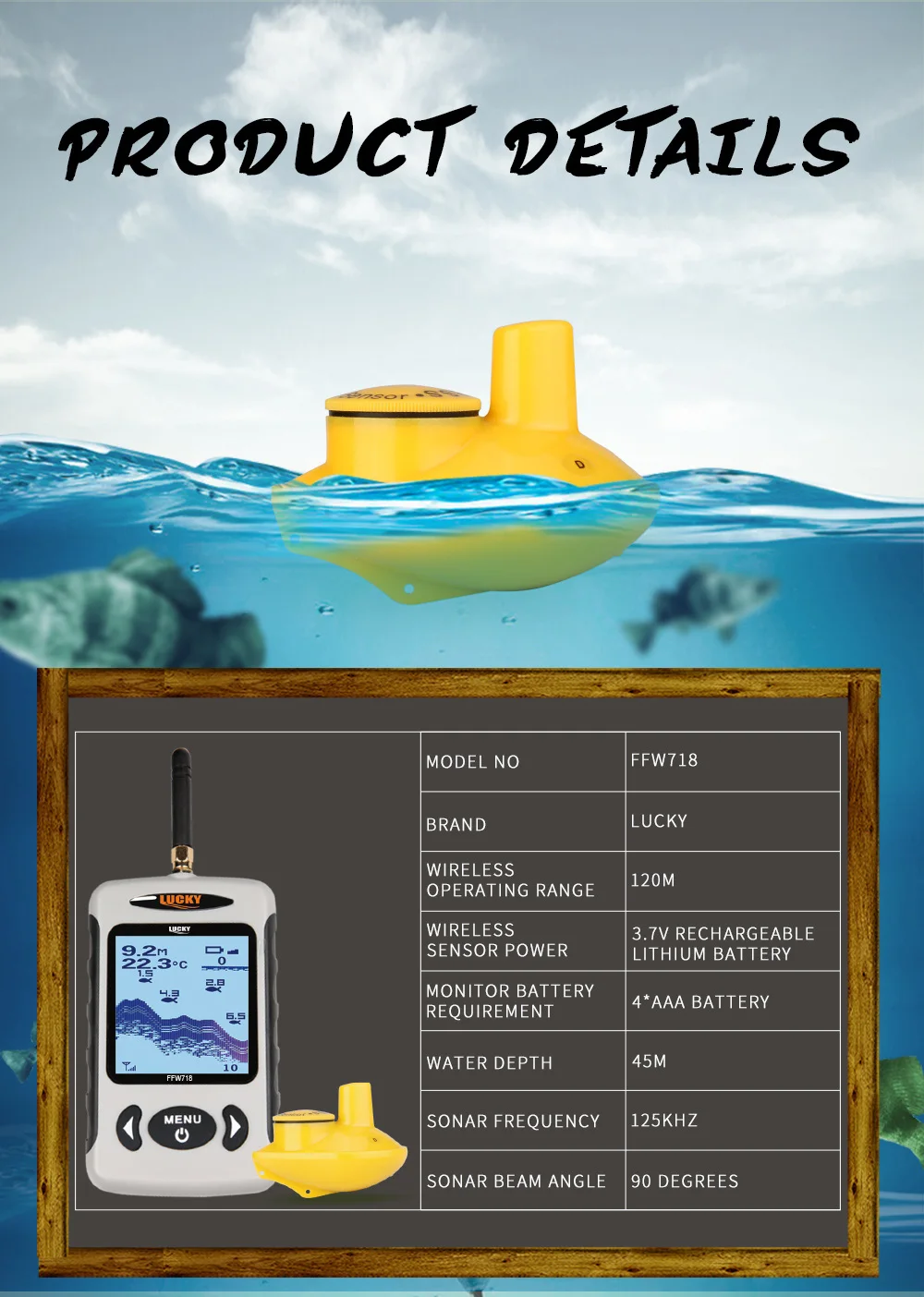 Lucky Wireless Portable Fish Finder FFW718 45M135FT Sonar Depth Sounder Alarm Carp Ocean River Lake Fishing