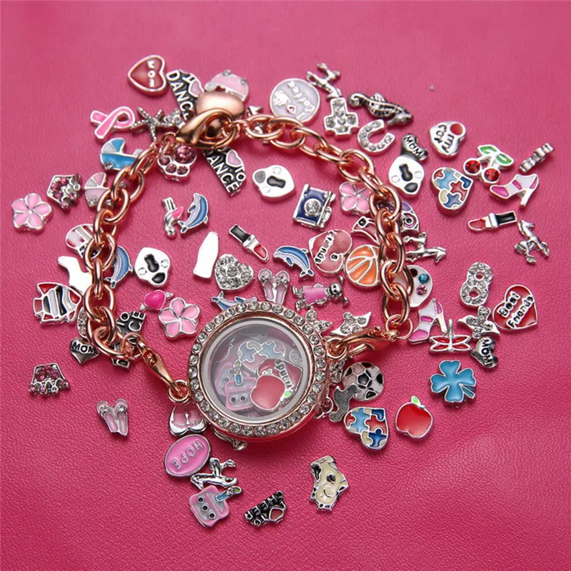 

ROMAD Magnetic Crystal Heart Living Memory Locket Bracelet for Women Floating Charm Jewelry Birthday Gift for Lady R4
