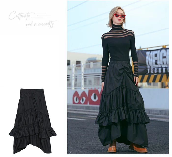 Модная нерегулярная черная юбка женская весна и лето торт юбки 2019 новая уличная универсальная длинная юбка-Русалка Falda Larga
