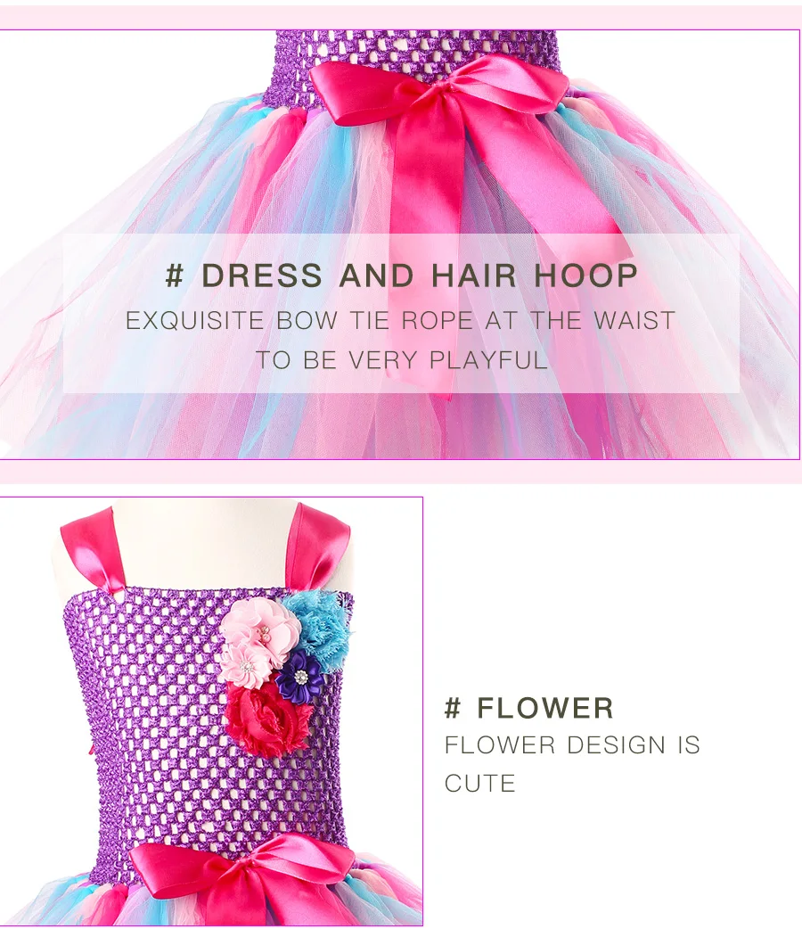 Elegant Rainbow Unicorn Girls Tutu Dresses Kids Flowers Birthday Party Dress with Headband Children Princess Tulle Prom Clothing  (8)