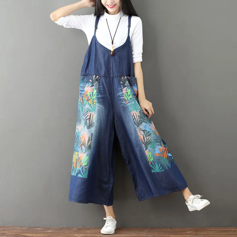 

Women Floral Printed Loose Denim Jumpsuits Summer Female Vintage Scratched Jeans Rompers Girls Denim Wide Leg Pants Spring