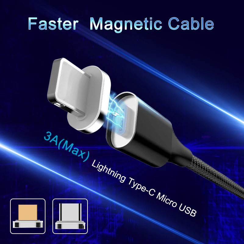 

3A Magnetic Fast Charging Cable Data Sync Transfer Cable Magnetic Ligtning Micro USB Type-C Adapter Multi 3-in-1 Cable Charger