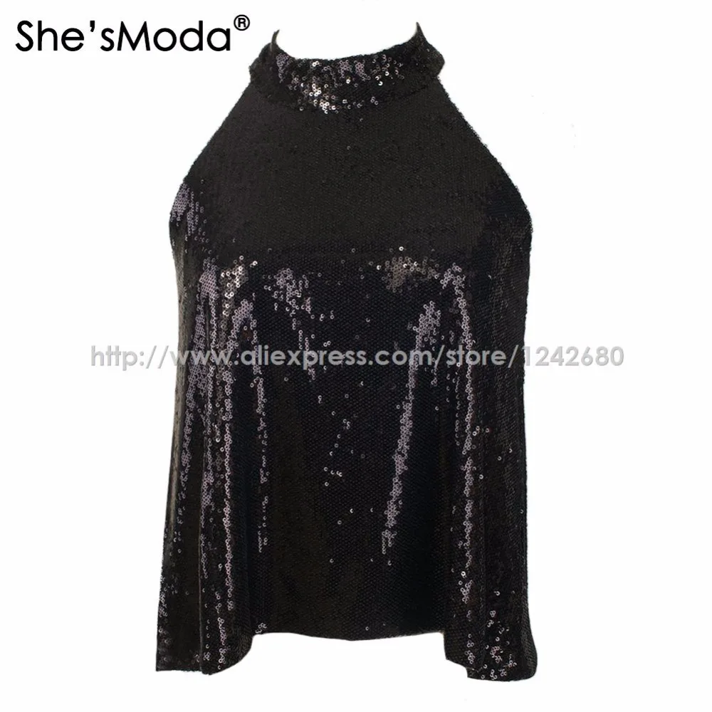 She'sModa Biling Sequins Gold Холтер Топ женские спандекс Клубные вечерние майки жилет