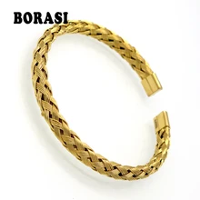 Новое поступление Модная запонка браслеты ювелирные изделия Для женщин Нержавеющая сталь плетение простой Стиль золото цветные браслеты для Для женщин ювелирные изделия