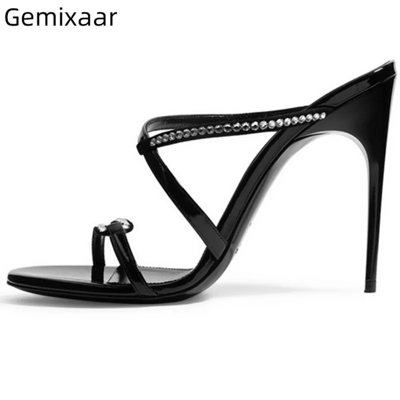 

2019 New Sexy Woman Slippers Thin Straps Decor Rhinestones Party Slides Round Toe High Gladiator Heel Black Color Woman Slippers