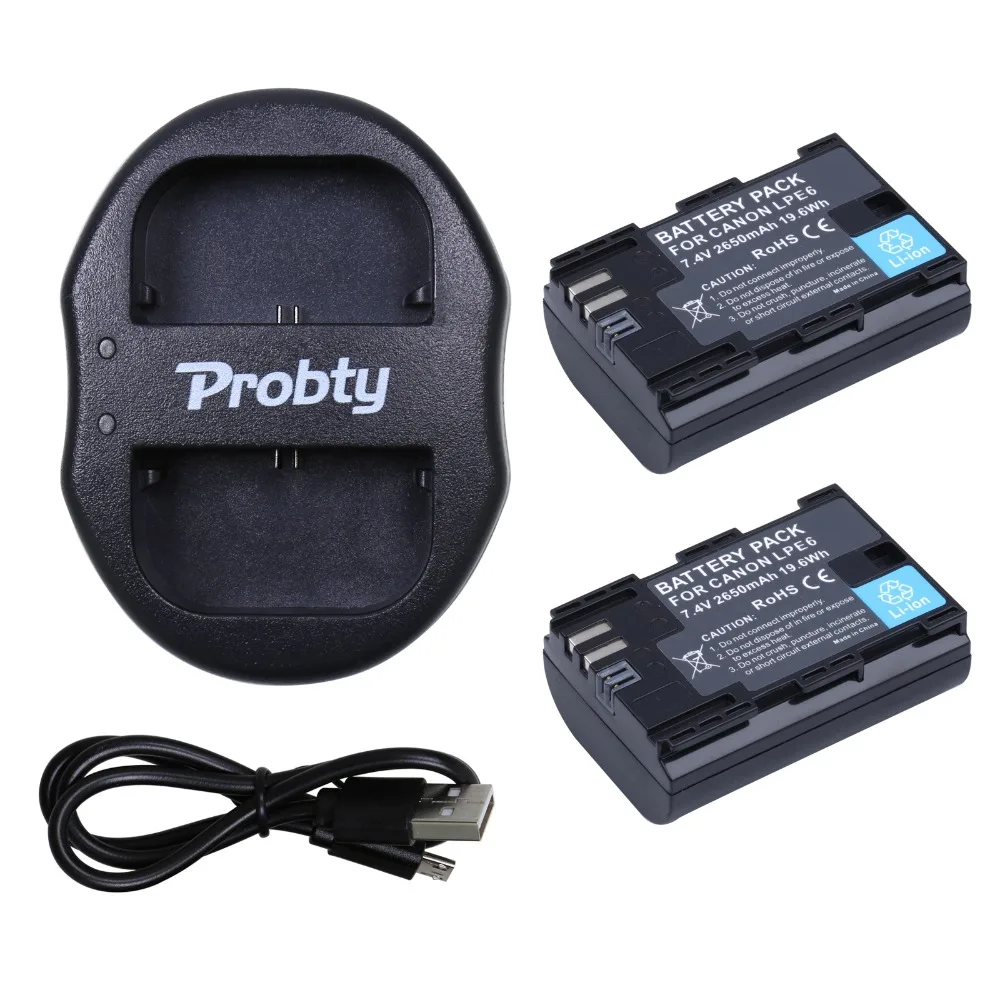 2pcs Probty Lpe6 Lpe6 Lp E6 Camera Batteries + Dual Usb Portable
