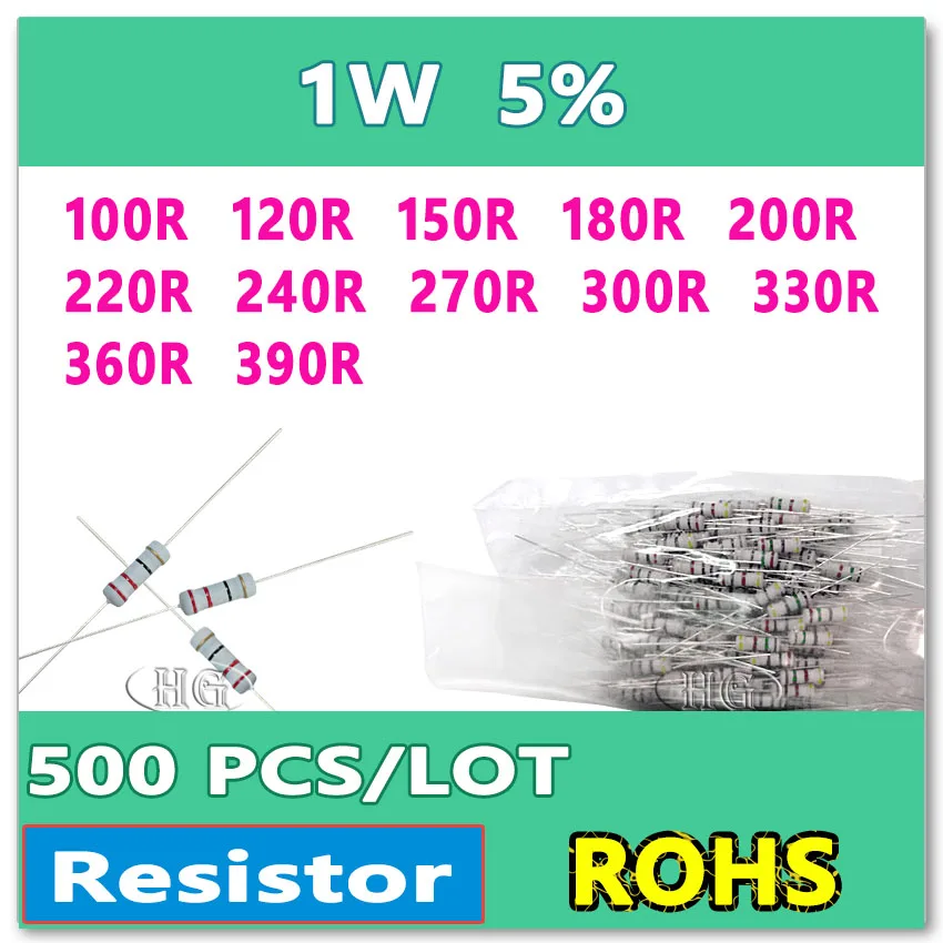 JASNPROSMA 500PCS/LOT 5% 1W 100R 120R 150R 180R 200R 220R 240R 270R 300R 330R 360R 390R carbon film DIP OHM Resistor | Электроника