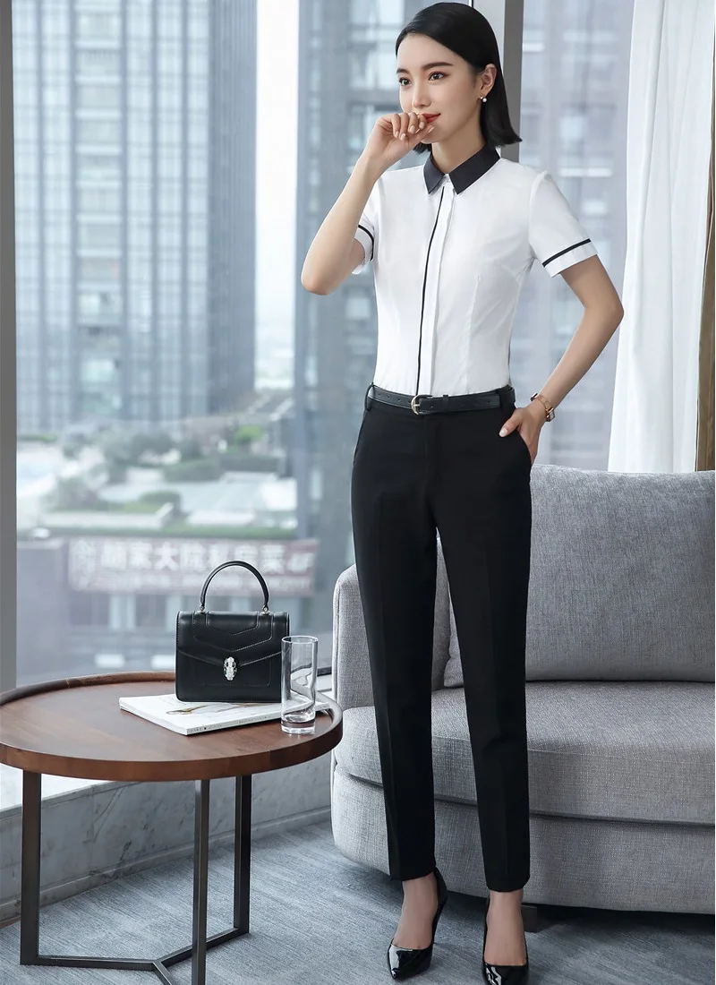 Ladies White Blouses & Shirts Women Business Suits Two Piece Pant and