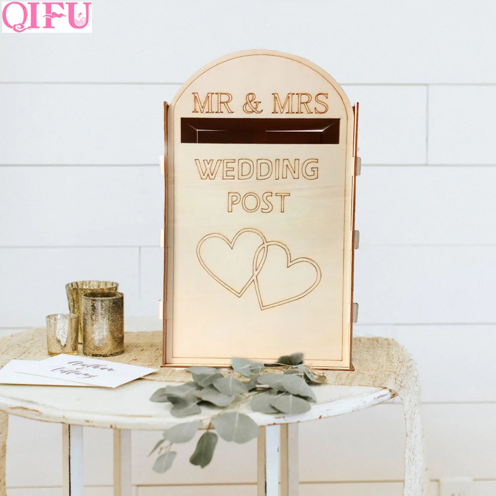 

QIFU MR MRS Wedding Double Hearts Crown Wooden Postbox Card Box Rustic Wedding Decoration for Table Weeding Party Decoration