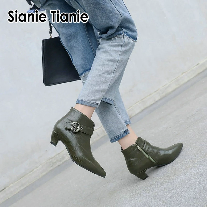 Sianie Botas de tacón medio para mujer, botines de punta estrecha con  hebilla, color verde oliva, talla grande 45 46, Invierno|Botas hasta el  tobillo| - AliExpress