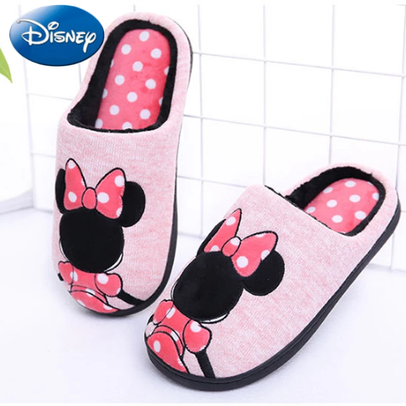 Disney/зимние милые розовые домашние хлопковые тапочки с Микки Маусом для мальчиков и девочек; домашняя обувь для спальни на плоской подошве; удобная теплая обувь
