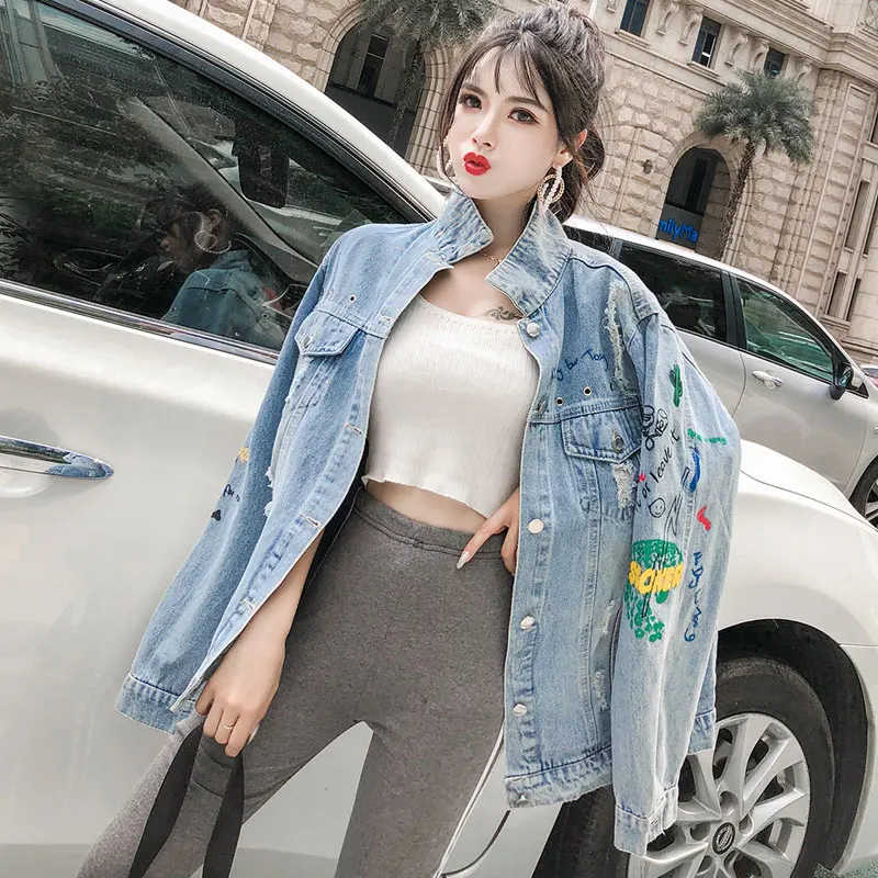 Brodé Blue Vintage Courte Femmes Jeans Printemps Mode Veste 2019 464 Bf Nouveau Casual De Manteau Automne Survêtement Denim T8zxPB